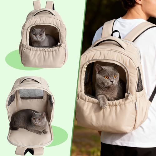 Haustier Rucksack für Kleine Hunde & Katzen bis 5 kg – Modischer Katzenrucksack Gepolsterter Hand- & Schulter-Tragebeutel, LTragbare und Faltbare Hundetasche, Atmungsaktiv (Beige)