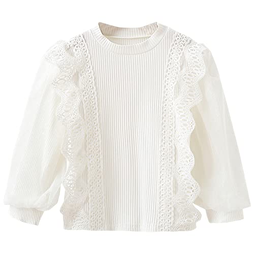 Toddler Girl Mesh Long Sleeve Shirt Blouse Lace Crew Neck Ribbed Cotton Tops