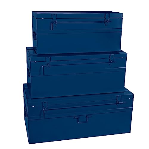 COGEX 62719 Lot de 3 Malles Métalliques Bleues Cadenassables – 70 L, 100 L et 150 L – Avec Poignées & Chaîne de Retenue – Rangement, Stockage,...