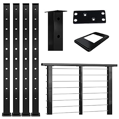 Muzata 4Pack Cable Railing Post Black Square Weldless Flat top 36’’x2’’x2’’ Stainless Steel Pre-Drilled for Wood Concrete Surface Mount Deck Balustrade Invisible PS02 BH4S, PT1 PT2 PT6