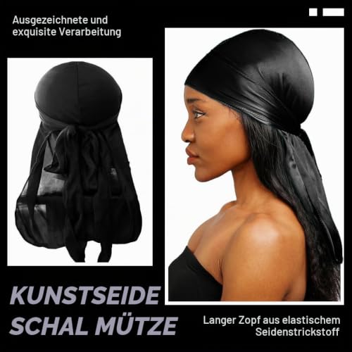 COYUN 3 pcs Seiden-Wellenhut, Seidige Durag-Turban-Kopfbedeckung mit langem, Seiden-Durags, Satin-Durag-Mütze, Piraten-Bandana, elastischer Seidens-Kopfschmuck, Seidens-Haarschal zum Schlafen, Schwarz