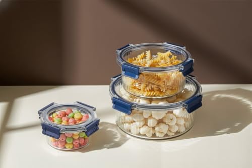 Image of Kmils Plastic Air Tight Container Set for Kitchen Storage | Clear Round Food Containers with Airtight Lock Lids | Fridge Storage Containers for Fruits, Vegetables & Herbs (400ml, 800ml, 1600ml)
