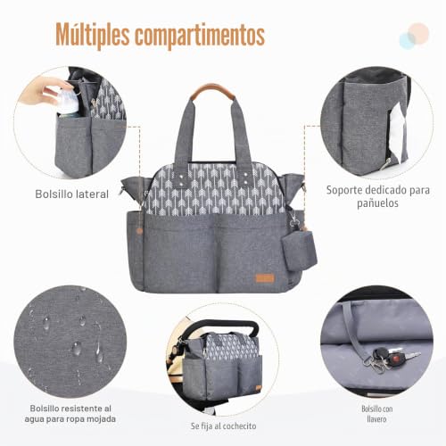Miniatura 5 de Lekebaby Bolso Carro Bebe Bolsa Carrito Bebés Cambiador Bolsos De Viaje Grande De Almacenamiento Para Pañales Materna Messenger Con Ganchos Y Correa Universal Gris