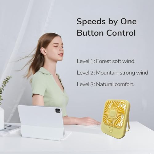 Image of Litehom Small Desk Fan, 2000mAh Rechargeable Fan Battery Powered, 180Foldable Portable Fan, 3 Speeds Adjustable USB Fan Silent Powerful for Home Office Travel Outdoor (YELLOW)