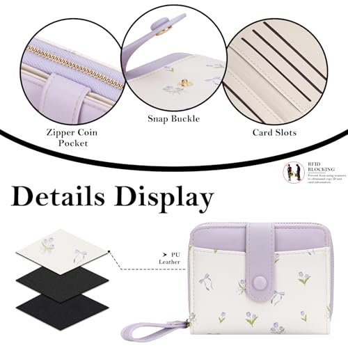 Image of BIAOTIE Wallet for Women Cute Floral Flower Wallet RFID Credit Card Holder Purse Small Bifold Zipper Coin Pocket Purse with ID Windows (T- Lavender)