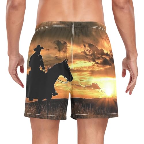 Mens Swim Trunks with Liner, Sunset Westen Cowboy Cool Quick Dry Beach Swim Shorts, Swimwear Bathing Suits S2