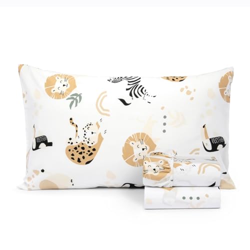 Image of 100% Cotton 210TC Salt Earth Kids Bedsheet,Twin Sheets Set for Toddler bed, 3 Piece Bedding Set Including Flat Sheet, Fitted Sheet, and Pillowcase, Themed Sheets for a Playful Kids Bed (Jungle Safari)