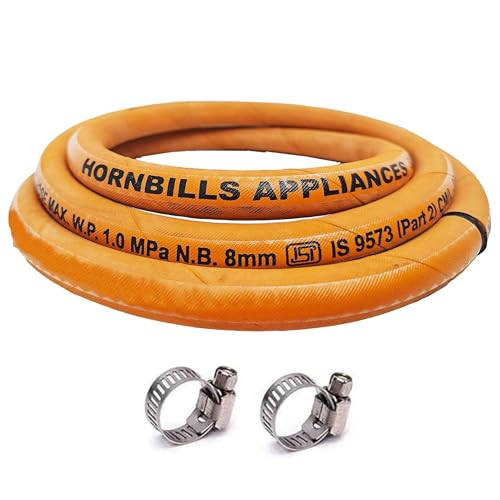 Hornbills Gas Pipe 2 Meter with ISI Certified LPG Cylinder Hose Pipe Flame Resistant Fine Quality, Leak Proof, Rat bite-Proof, Crackproof Made with Reinforced Steel Wire 5 Years Warranty (with Clip)