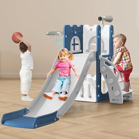 Toddler Playset Indoor Playset for Toddlers, Extra-Long Slide with Basketball Hoop, Toddler Slide Outdoor Playset, Baby Slide for Indoor Outdoor, L Shaped Slide for Kids Toddler Slide Playset (Blue) Cover