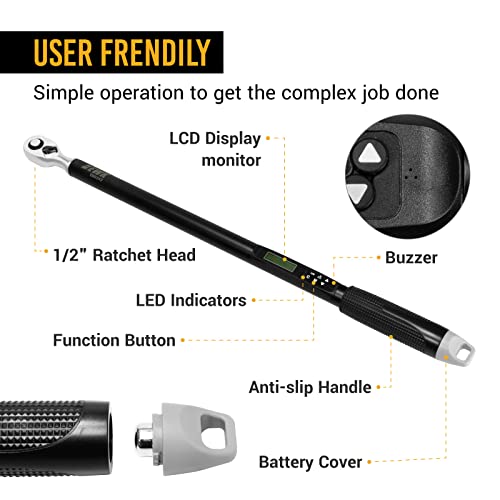 Ewk 1/2" Drive Electronic Digital Angle/Torque Wrench, 12.5-250 Ft-Lbs (17-340 Nm), With Buzzer And Led Flash Notification #TOP2
