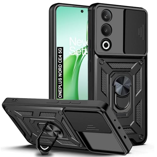 AESTMO Polycarbonate Tough Armor Oneplus Nord Ce 4 5G Bumper Back Case Cover|Ring Holder & Sliding Camera Shield Cover|360 Degree Protection Back Case Cover for Oneplus Nord Ce 4 5G (Black)