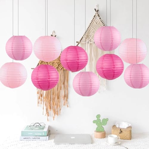 Image of Pink Chinese Paper Lanterns with LED Lights, 10-Pack 10inch | Hanging Lights for Wedding & Bridal Shower, Birthday Party Decorations, Ceiling Decor, Home Party, Baby Shower