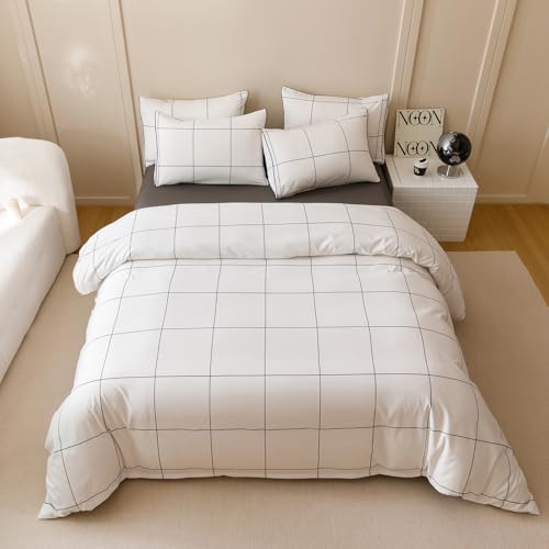 Image of KAREVER White Grid Comforter Queen Women Navy Blue Square Lines Checkered Bedding Set Queen White Plaid Comforter Queen Size