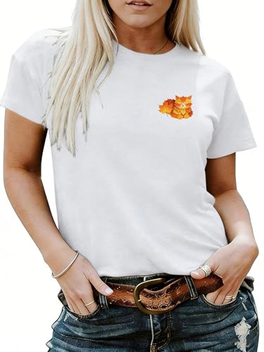 Women's Casual Squirrel and Kitten Pattern T-Shirt Short Sleeved Round Neck Lightweight Soft Cotton Blend Summer top (US, Alpha, X-Large, Regular, Regular, Leaf Cat)