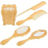EXCEART 1 Set 5 Pcs Mirror Comb Set Vintage Hand Mirror Antique Hair Brush with Storage Holder for Wet/Dry Hair Styling Tool Makeup Accessories (Golden)