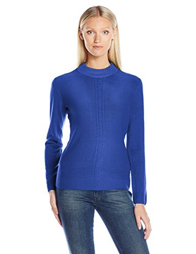 Sag Harbor Women's Mock Neck Cashmerlon Sweater with Cable Front Detail