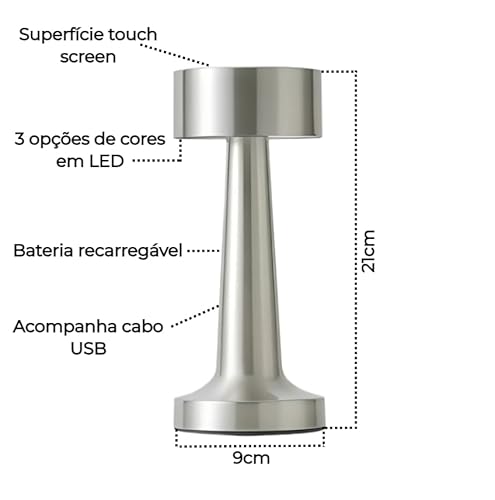 Luminária Abajur de Mesa Moderna, Pequena 9x21cm, Cromada sem Fio com Controle de Toque e Dimmer (Pr