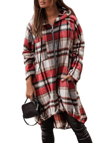 ORANDESIGNE Karierte Lange Jacke Damen Elegante Retro Kapuzenjacke Hemdjacke mit Kapuze Reißverschluss Kordelzug Tasche Knielanger Plaid Mantel Hoodie Sweatjacke A Rot XXL