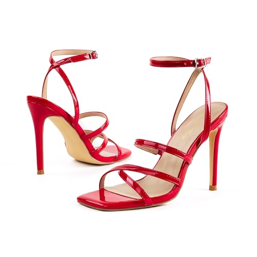Image of Elisabet Tang Women's Crystal Stilettos Heeled Sandals, 4 Inch Square Open Toe Strappy Sexy High Heels Ankle Strap Buckle Heels for Party Wedding Dress Daily Wear Shoes