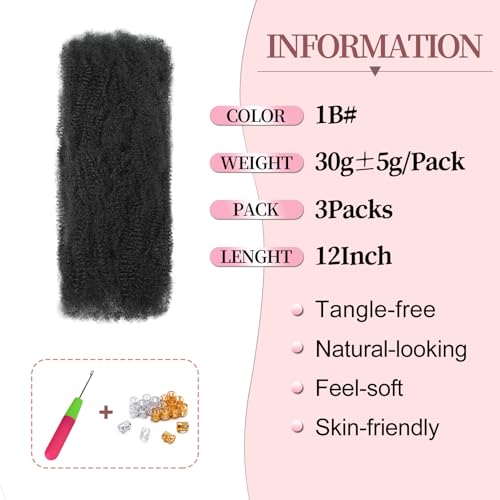 SHIHERESH 12 Inch Afro Kinky Curly Braiding Hair Bulk for Dreadlock Extensions 3 Bundles Marley Twist Hair Bulk for Micro Locs Spring Afro Twist Braids and Repair Locs (1B,30g /Pack) - Image 2