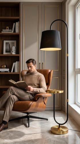 Image of Deco Crush Modern Floor Lamp with Built-in Side Table, Tall Metal Standing Lamp 5ft Height with Black Fabric Shade, Contemporary Reading Light for Living Room, Bedroom, Study Room and Home Decor