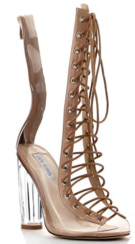 Cape Robbin Bailey-1 Open Toe Block Chunky Clear Perspex Heel Lace Up Ankle Boot Bootie Nude 6