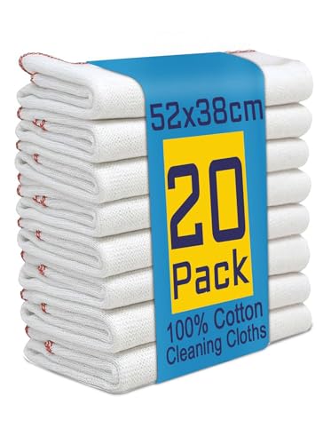 Symphony Jumbo Dish Cloths for Washing Up 20 Pack, Kitchen Cleaning Cloth, Tea Towels for Kitchen, Extra Large Dish Cloths for Washing Up, Highly Absorbent White (52X38Cm)