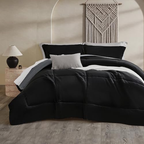 Petrichor Velvet Flannel King Comforter Set- Gray and Black Blanket,Luxury Fuzzy Heavy Bedding Set, 3 Pieces Plush Winter Bed Set with Comforter (90"x104") & 2 Pillow Shams (20"x36")