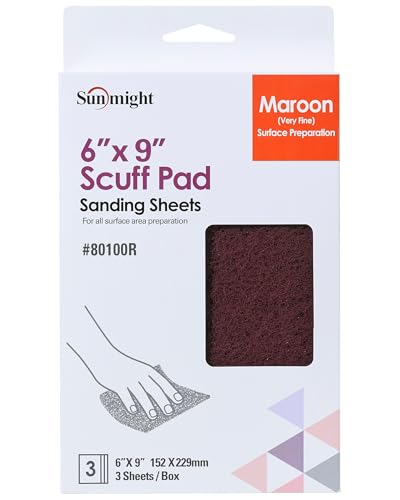 Sunmight Scuff Pads for Paint Prep Retail Pack 6 x 9 - Maroon 80100R - Aluminum Oxide - Surface Prep & Sanding Cloth - Abrasive Hand Pads for Auto Marine Aerospace- 3 Very Fine Sanding Sheets