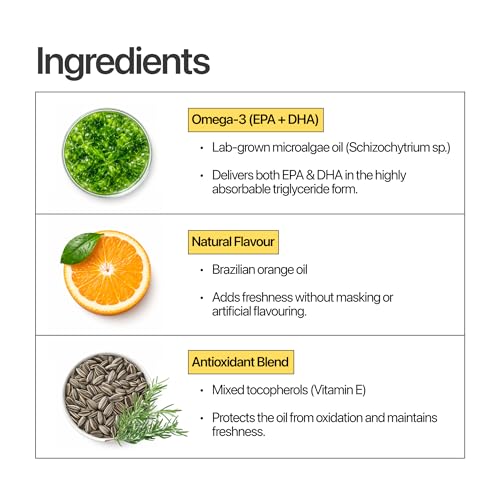 Image of Deep Impact Microalgae Omega 3 Oil |Supplement | 600mg DHA + EPA per Serve | Vegan |Omega 3 from Algae | Zero Capsules, No Fishy Taste | Orange Flavoured | Liquid form| For Eye, skin & joints | No Burps
