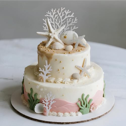 Under the Sea Cake Toppers Shells, Starfish, Coral Set Decor Summer Ocean Theme Cake Topper Cake Decorations for Baby Shower, Beach Birthday Party, Nautical Dessert Display