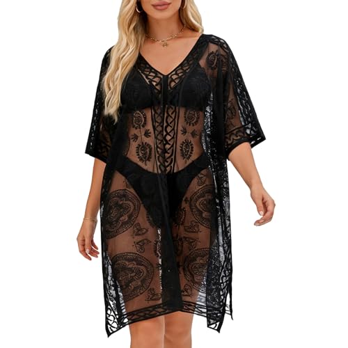 SCCGKP Women's Sexy Elegant Lace Bathing Suit Cover Up V-Neck Swimsuit Coverups Loose Swimwear Beach Dress Beachwear (UK, Alpha, One Size, Regular, Regular, Black)