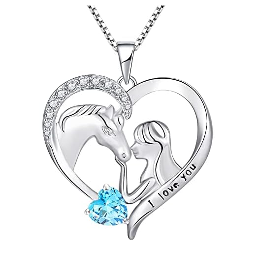 YL Hästhalsband 925 sterlingsilver gravyr "I love you" hästhjärta hänge smycken för kvinnor flickvän, SILVER Mars, akvamarin, Akvamarin,