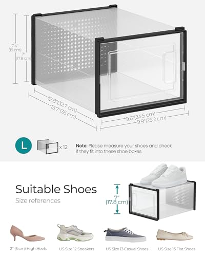 Image of SONGMICS Shoe Boxes, Pack of 12 Shoe Storage Organizers, Stackable Clear Plastic Boxes for Closet, Sneakers, 13.7 x 9.9 x 7.4 Inches, Transparent and Black ULSP007B12
