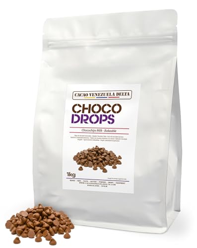 Cacao V Delta Pepitas de Chocolate con Leche 1 Kg Para Repostería - Chips de Chocolate para Hornear y Topping - 27% de Cacao No GMO, Sin Gluten, Premium, Puro, Natural