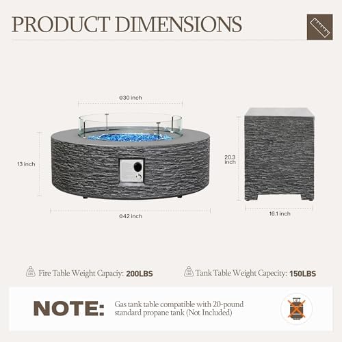 UPHA 42-inch Outdoor Propane Gas Fire Pit Table 50000 BTU Concrete Round FirePit for Outside Patio with Propane Tank Cover, Wind Guard, Blue Glass Rocks, Rain Cover, Grey Striped