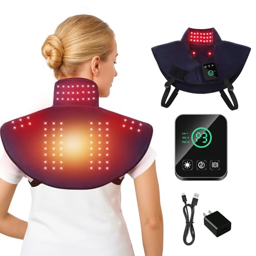 Cordless Red Light Therapy for Neck Shoulder Pain Reilef, Wearable Infrared Heating Wrap with Massager and Timer, 660nm & 850nm Near-Infrared Red Light Therapy Pad, Blue