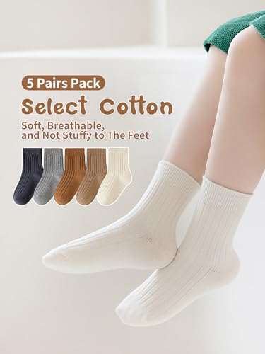Kids Socks Ribbed Cuffs Cotton Knit Crew Socks Solid Cartoon Pattern Cute Socks for Kids 5 Pairs2