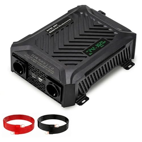 DATOUBOSS Inversor de Corriente Onda Sinusoidal Pura 6000W (Pico) para Soldador y Camión, 12V/24V Auto a 220V 230V, 2 Tomas EU Schuko, Especial para Autocaravana, Placa Solar, LCD