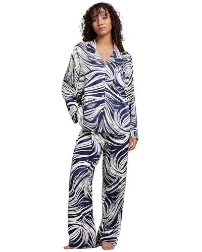 Image of YiNi LuLu Womens Silk Satin Pajamas Set Button Down 2 Piece Pjs Long Sleeve Oversized Sleepwear with Pockets