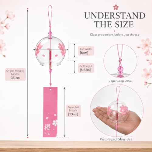 Image of Artibetter Japanese Glass Wind Chime Hanging Bell with Cherry Blossom Design | Handmade Furin Wind Bell for Home, Balcony, Garden, Patio, Window & Gift Decor (Pink)