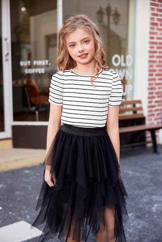 Image of Arshiner Girls Puff Short Sleeve Shirts Summer Ribbed Knit Crewneck T Shirt Tops Tee Blouse