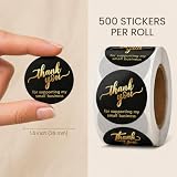 Hand Fan de agradecimento para pequenas empresas - Etiquetas redondas com 4 designs - Rolo de adesivos com fonte dourada Obrigado - Embalagem à prova d'água para negócios (preto 1,5)