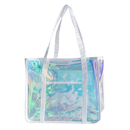 Star-Print Holographic Beach Bag - Waterproof Iridescent PVC Tote for Women, Stadium Approved Clear Tote for Travel