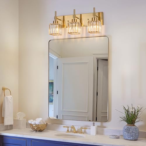 Image of Gold Vanity Light 3-Lights Crystal Bathroom Lighting Fixtures Over Mirror Modern Bathroom Light Fixtures with Crystal Square Shade