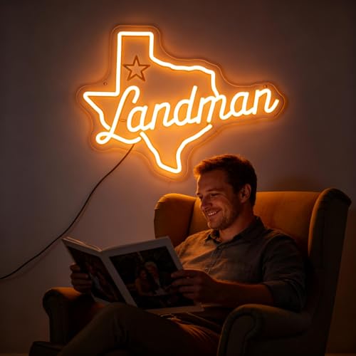 Image of Texas Neon Sign,Landman Mrech | Texas State Outline with Star & Script Lettering, 15.7 inchx11.8 inch Yellow LED Wall Light for Man Cave, Bar, Office, USB Powered