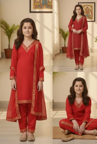 Image of Girls Stylish Rayon Lace Work Kurti with Dupatta and Pant
