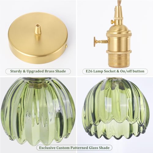 Image of Shenmoyl Pendant Light with Green Tulip Glass Lmapshade, Brass Vintage Pendant Light Adjustable Hanging Light for Kitchen Island Dining Room Hallway