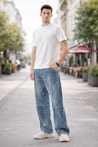 Image of Ben Martin Blue Men Jeans || Baggy Fit Denim Pants for Man || Loose Wide Leg Streetwear Jeans: || Panelled Designer Jins || Stretchable Cotton Casual Wear Pants Men: