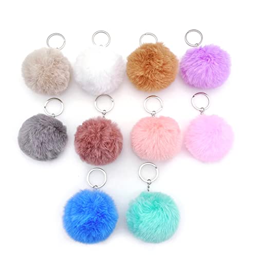 JZK 10x 7cm Llaveros pompón azul morado blanco marrón gris rosa pompom llaveros pompón esponjosos para regalos fiesta para mujeres, llavero bola felpa suave, regalo fiesta cumpleaños para niñas